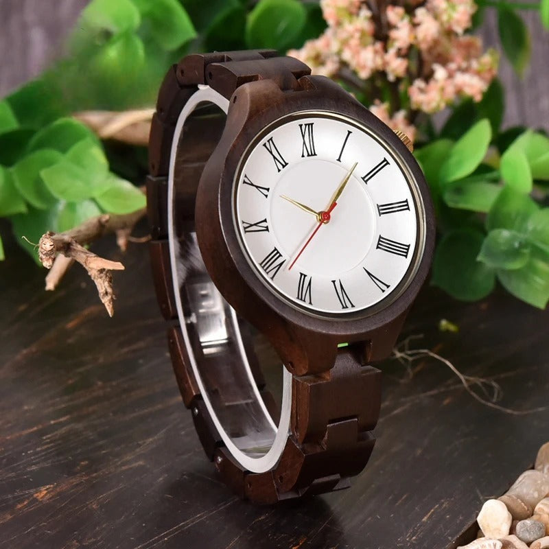 Wooden Women's Watch with Quartz Roman Digital Dial