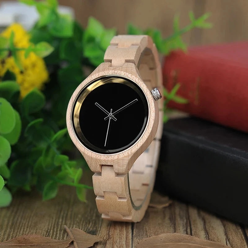 Natural Wood Women's Luxury Watch with Unique Quartz Movement