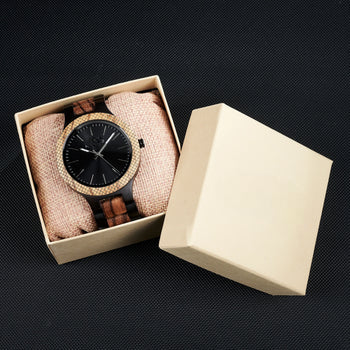 Personalized Wooden Quartz Watch with Black Gold Dial for Men